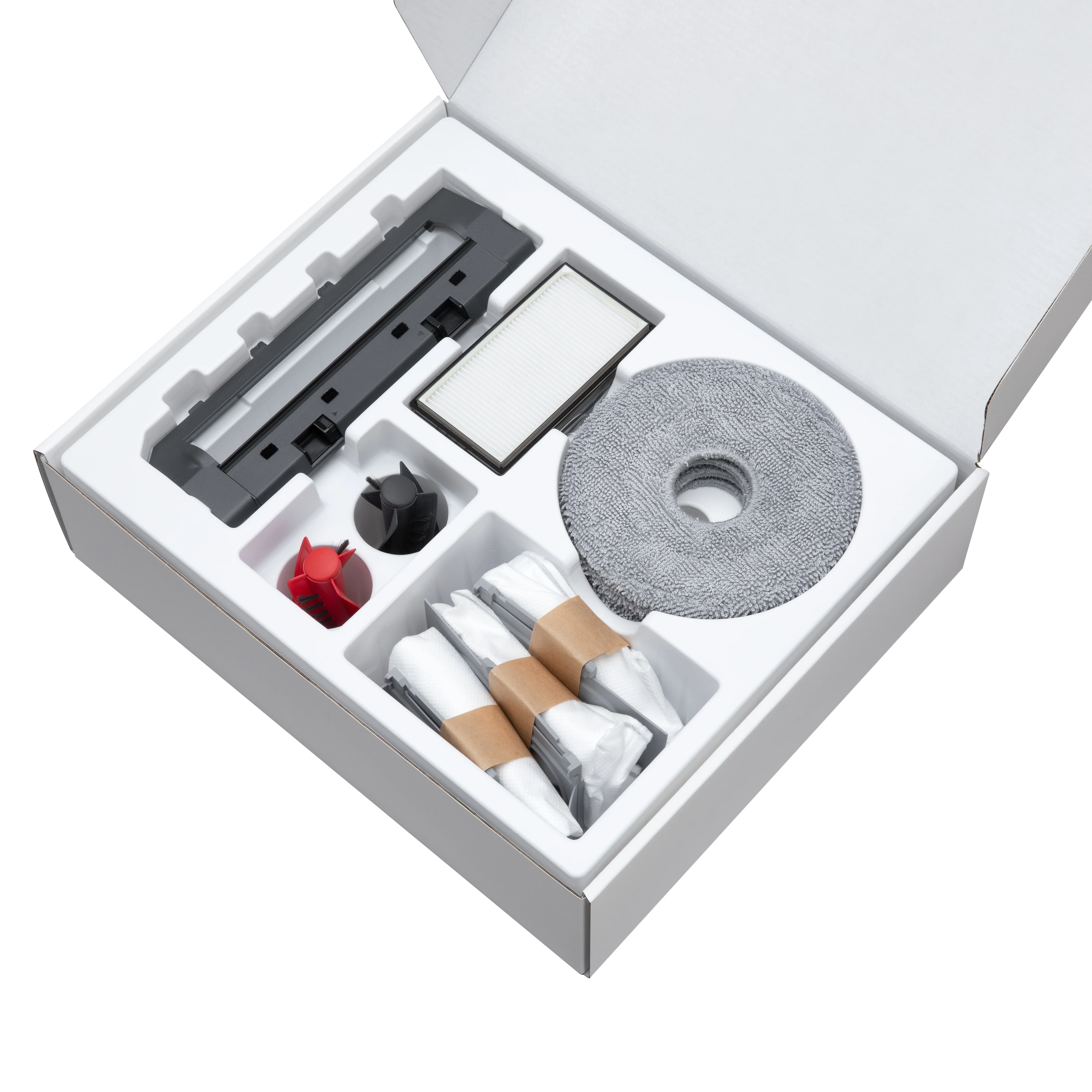 Roborock-Zubehörset für den Saros 10R, bestehend aus 4 drehbaren Wischpads, 3 Staubbeuteln, 1 Hauptbürstenabdeckung, 1 Hauptbürste, 2 Seitenbürsten und 2 Filtern